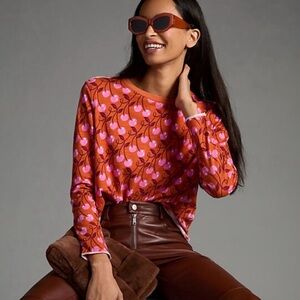 Maeve Orange Long Sleeve Top with Pink Cherry Print
